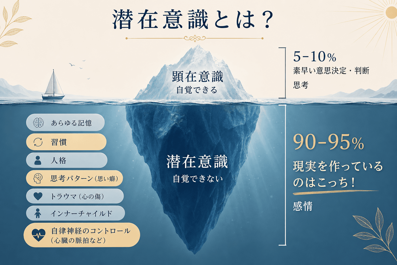 潜在意識と顕在意識を氷山モデルで示す図解